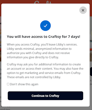 Screen tells you that you have access to Craftsy.  Click the "Continue to Craftsy" button