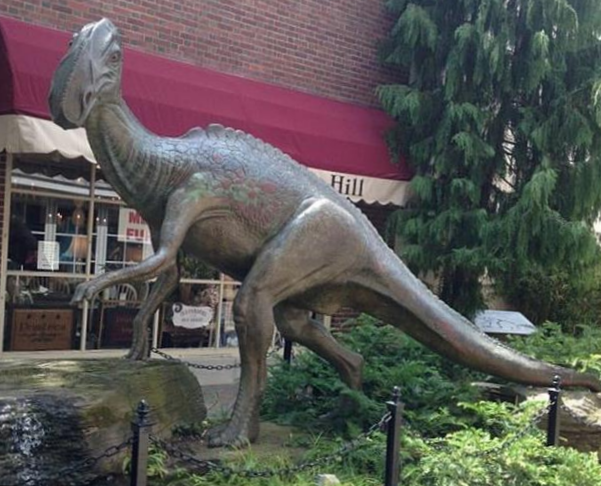 A statue of The Haddonfield Dinosaur in downtown Haddonfield. In 1938, Hadrosaurus foulki was the first nearly complete dinosaur skeleton found, and the first to be mounted for public display.