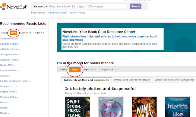 Novelist Database - search for Teen recommendations.